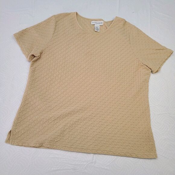 Sag Harbor women's size M top Beige color SS scoop neck textured material EUC - Picture 1 of 3